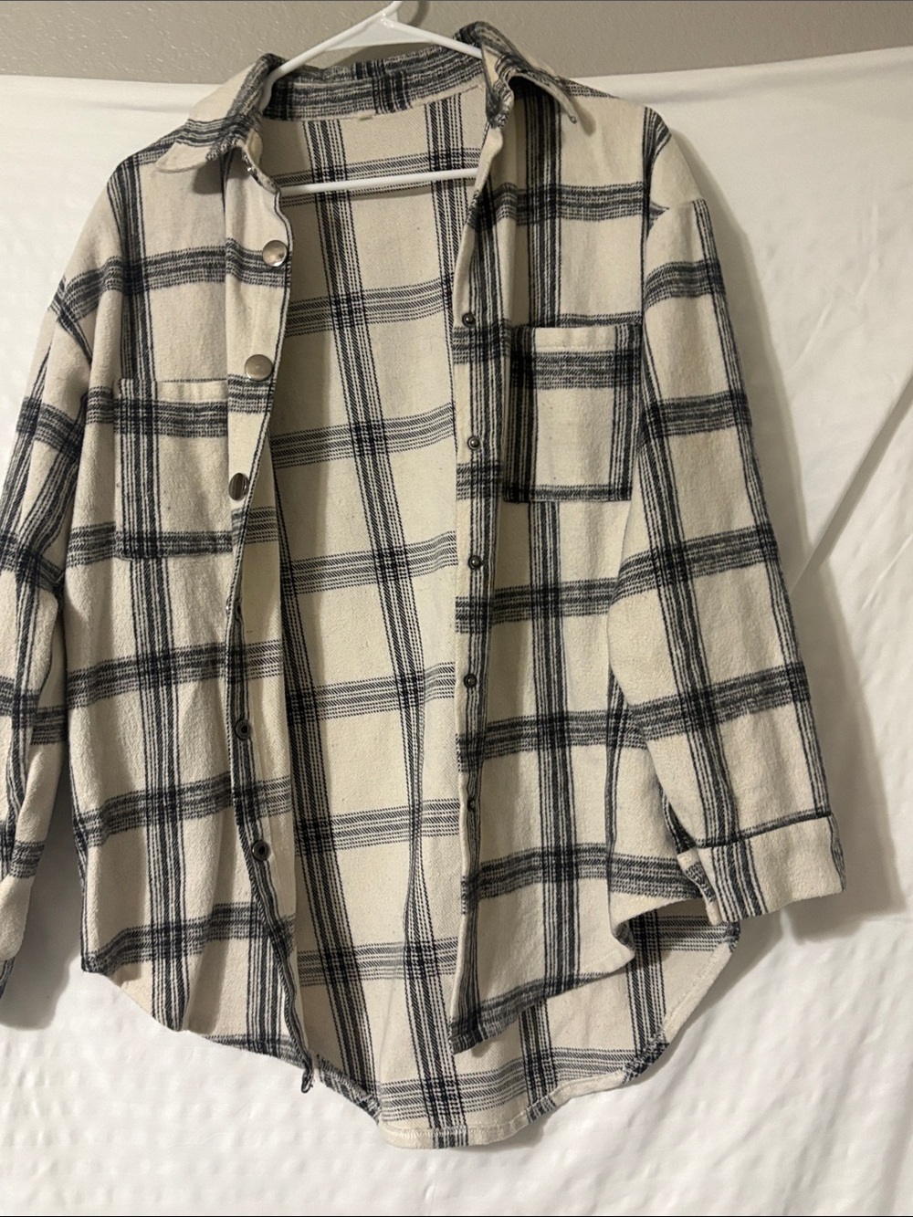 Cream and Black Plaid Shacket Jacket - Women's Lightweight Layering